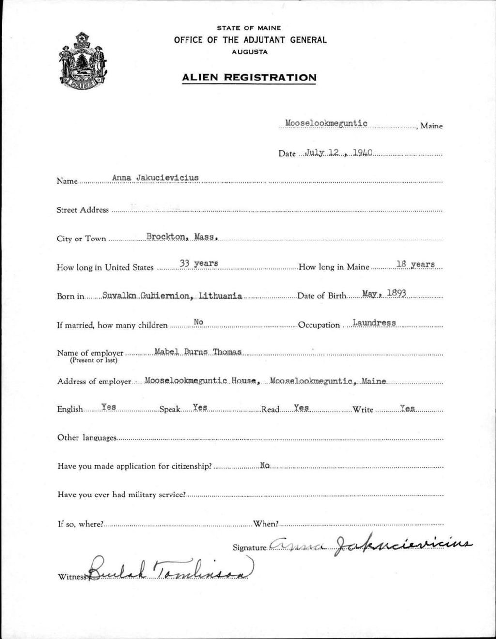 Miniature of Alien Registration- Jakucievicius, Anna (Rangeley, Franklin County)
