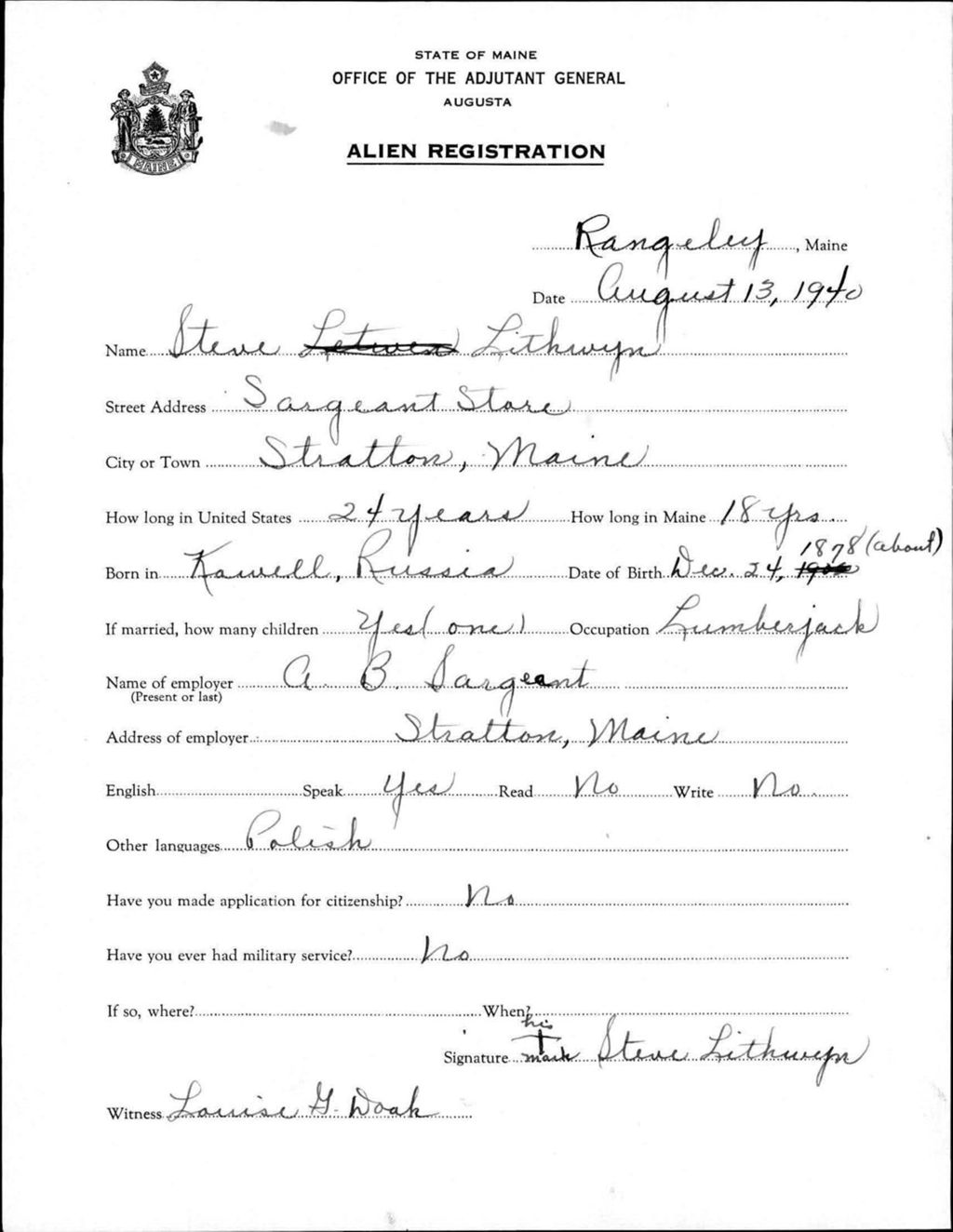 Miniature of Alien Registration- Lithwyn, Steve (Rangeley, Franklin County)