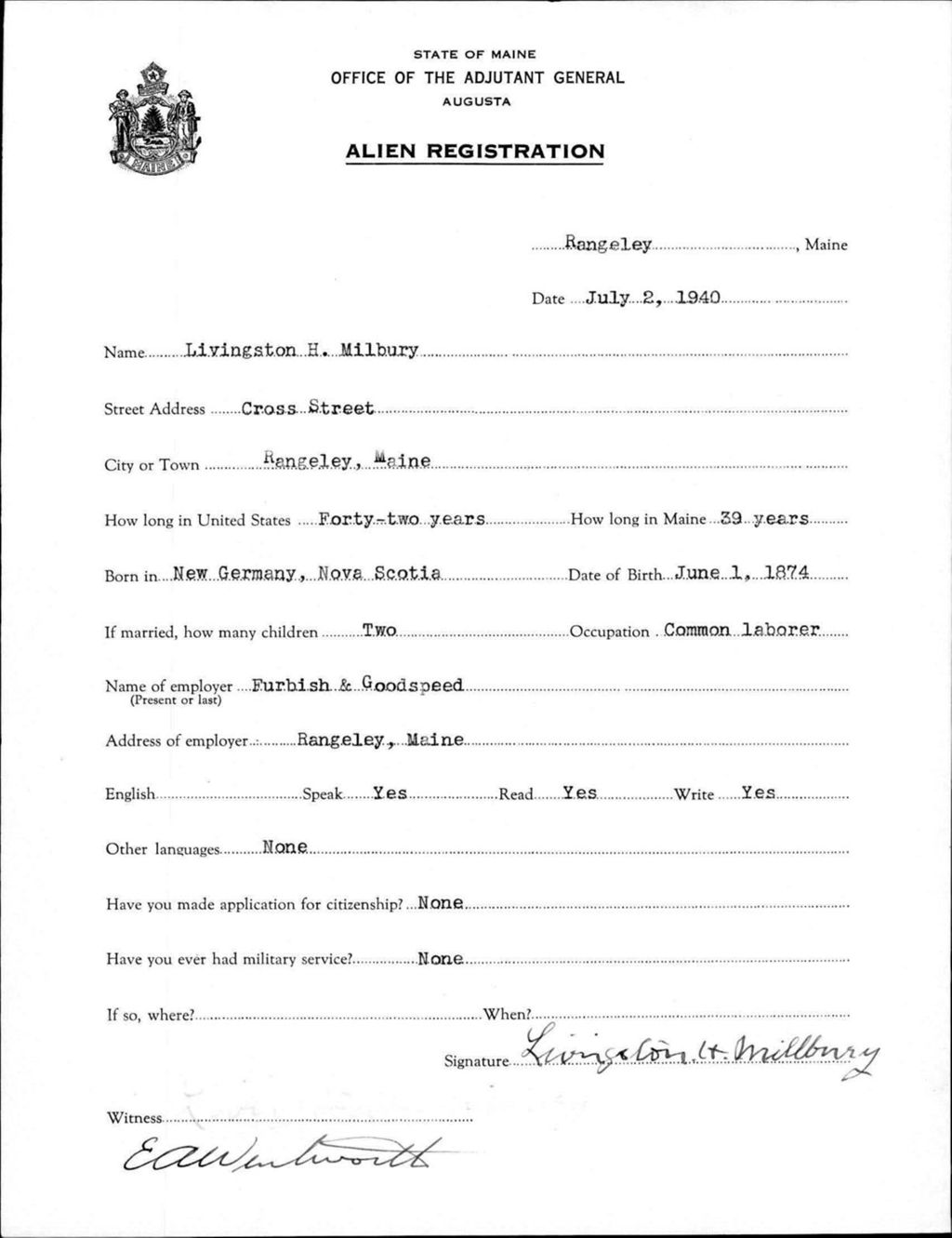 Miniature of Alien Registration- Milbury, Livington H. (Rangeley, Franklin County)