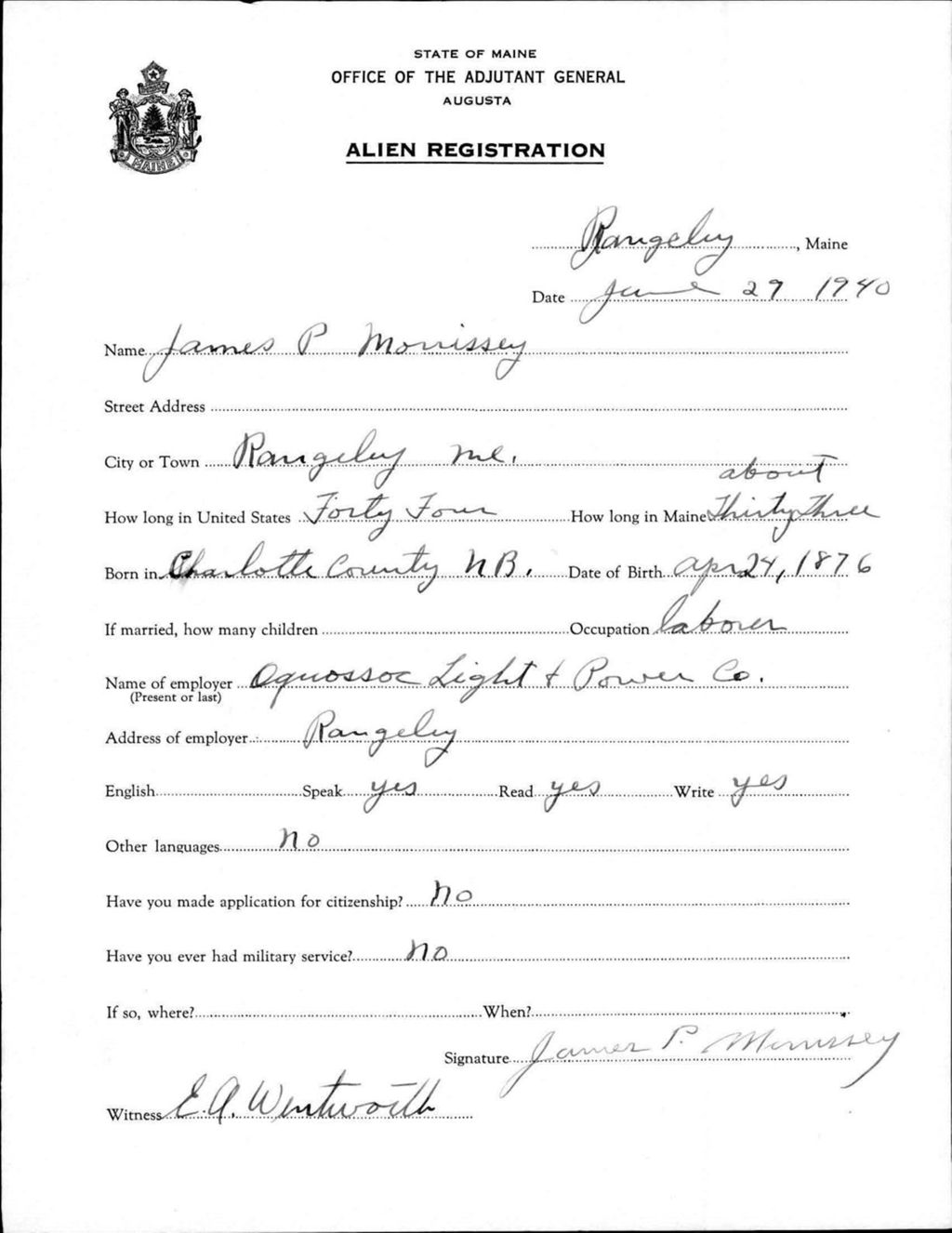 Miniature of Alien Registration- Morrissey, James P. (Rangeley, Franklin County)