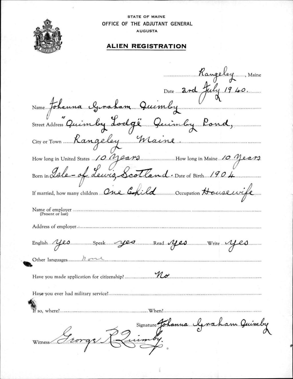 Miniature of Alien Registration- Graham, Johanna (Rangeley, Franklin County)