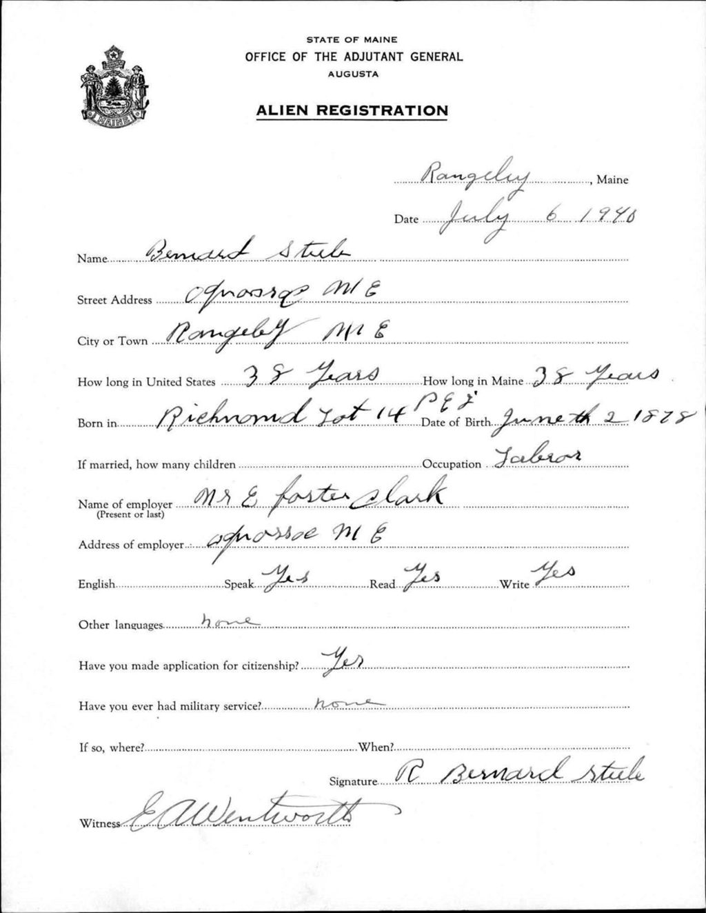 Miniature of Alien Registration- Steele, Bernard (Rangeley, Franklin County)