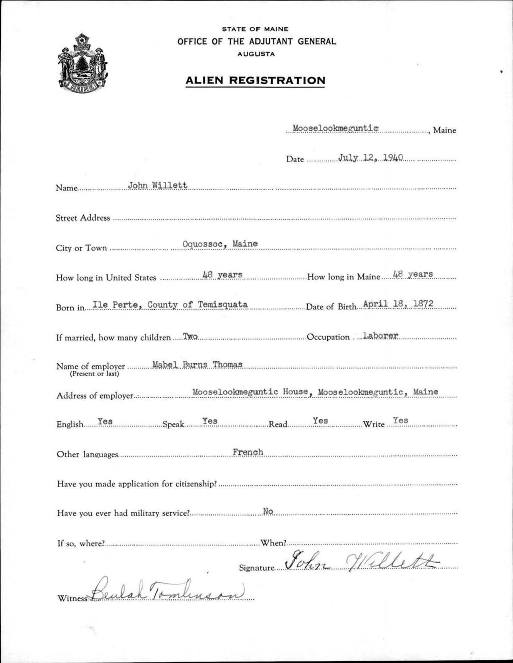 Miniature of Alien Registration- Willett, John (Rangeley, Franklin County)