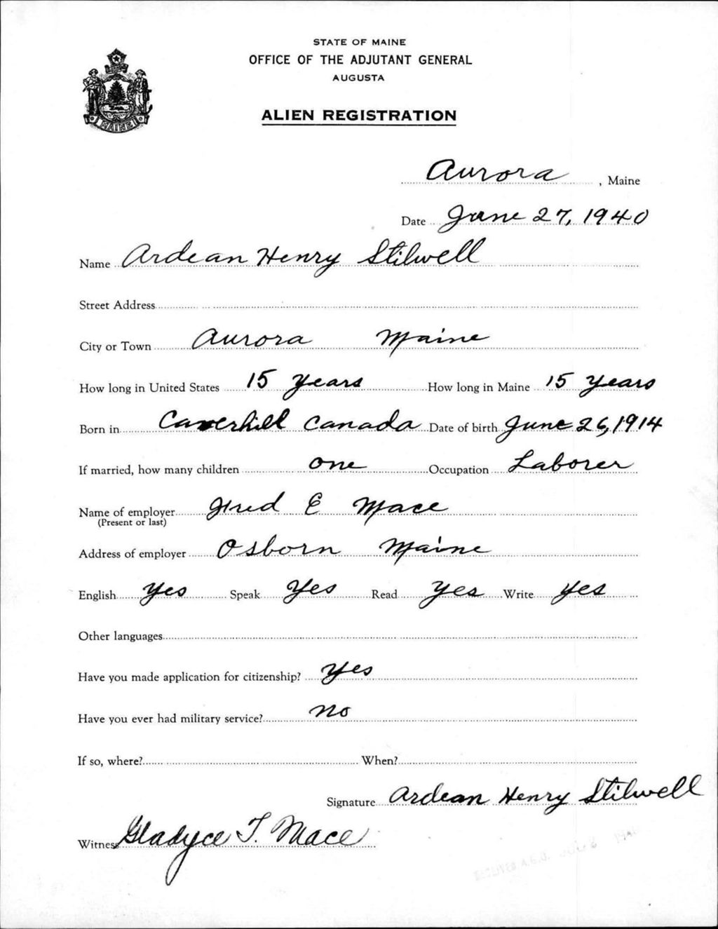 Miniature of Alien Registration- Stilwell, Ardean H. (Aurora, Hancock County)