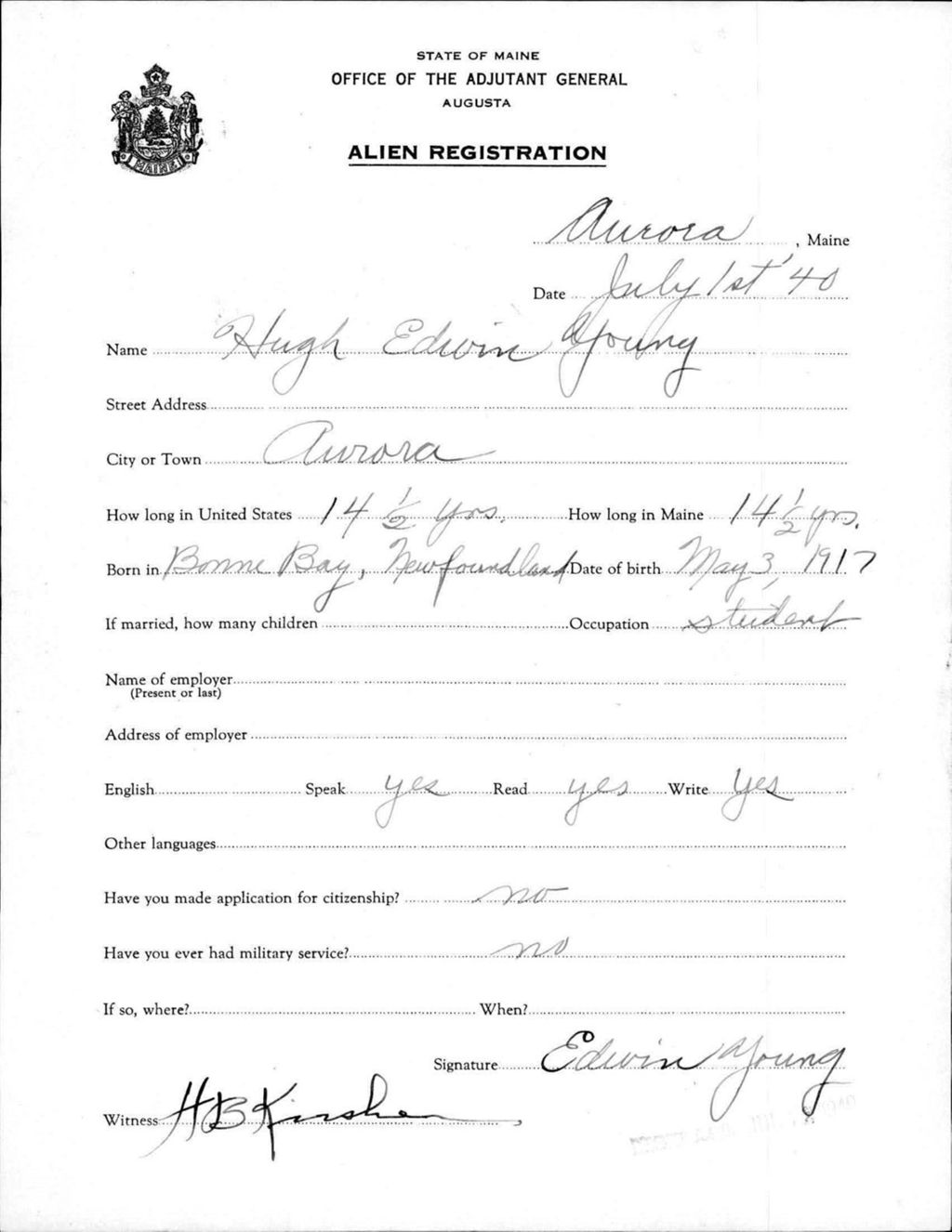 Miniature of Alien Registration- Young, Hugh E. (Aurora, Hancock County)
