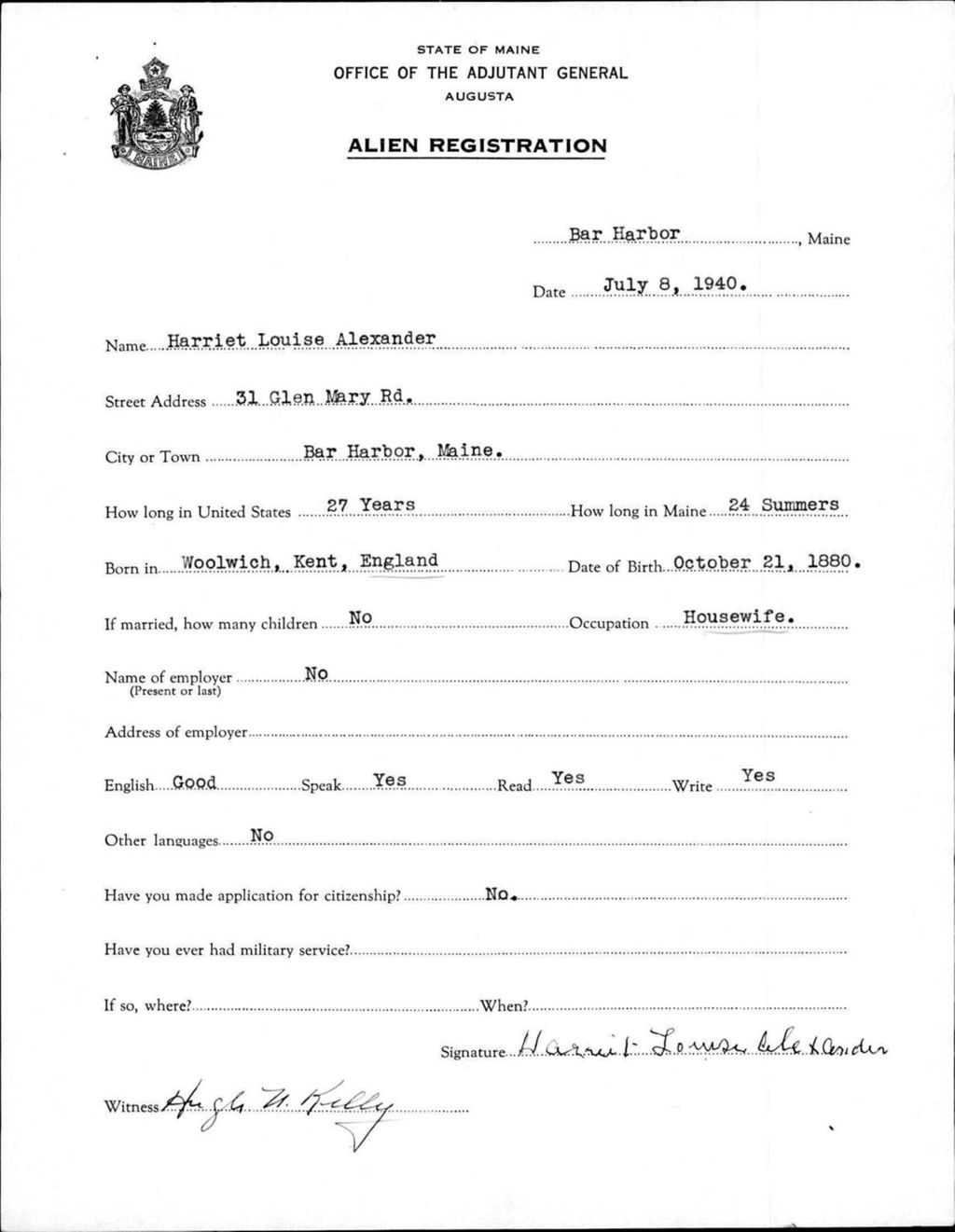 Miniature of Alien Registration- Alexander, Harriet L. (Bar Harbor, Hancock County)