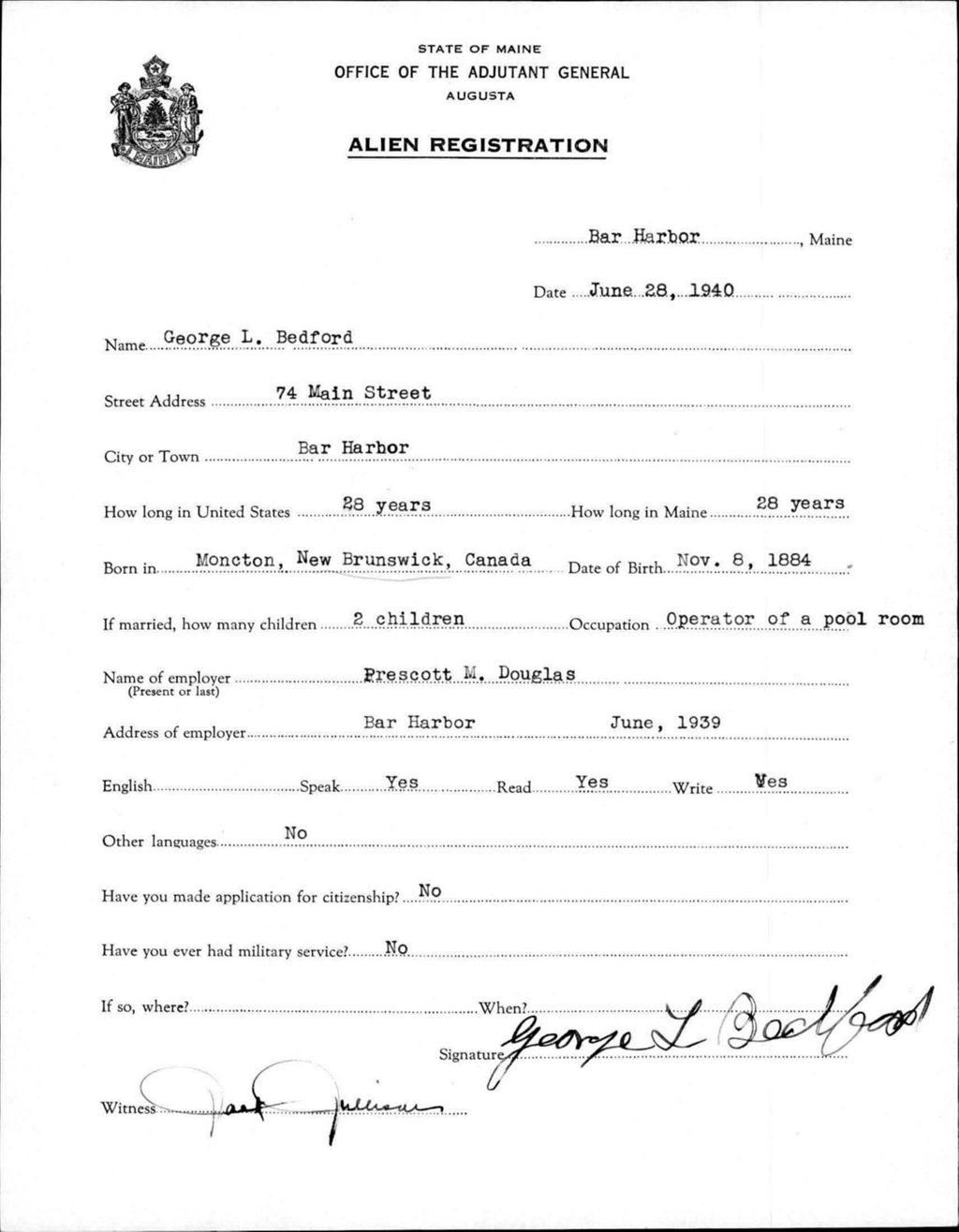 Miniature of Alien Registration- Bedford, George L. (Bar Harbor, Hancock County)