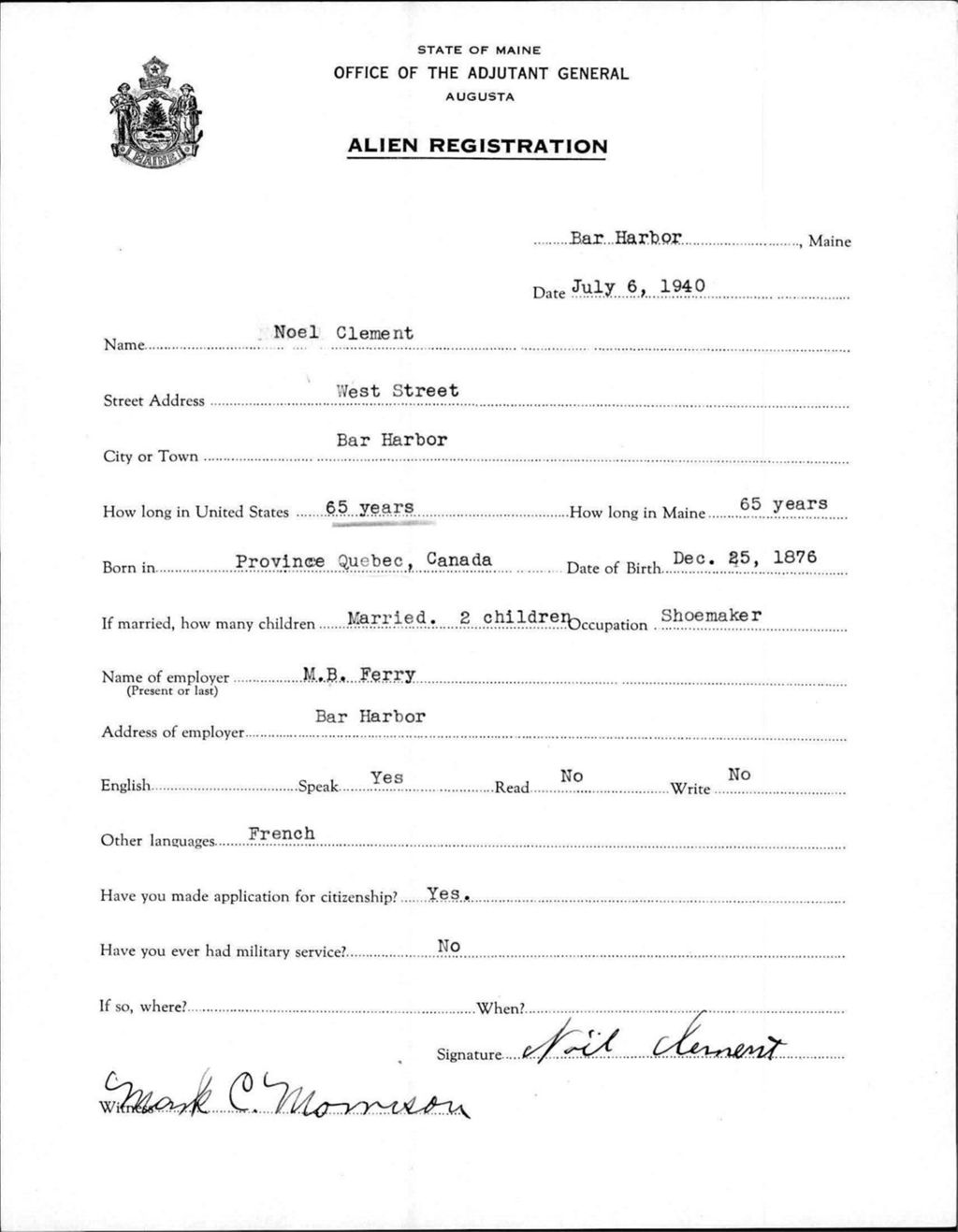 Miniature of Alien Registration- Clement, Noel (Bar Harbor, Hancock County)