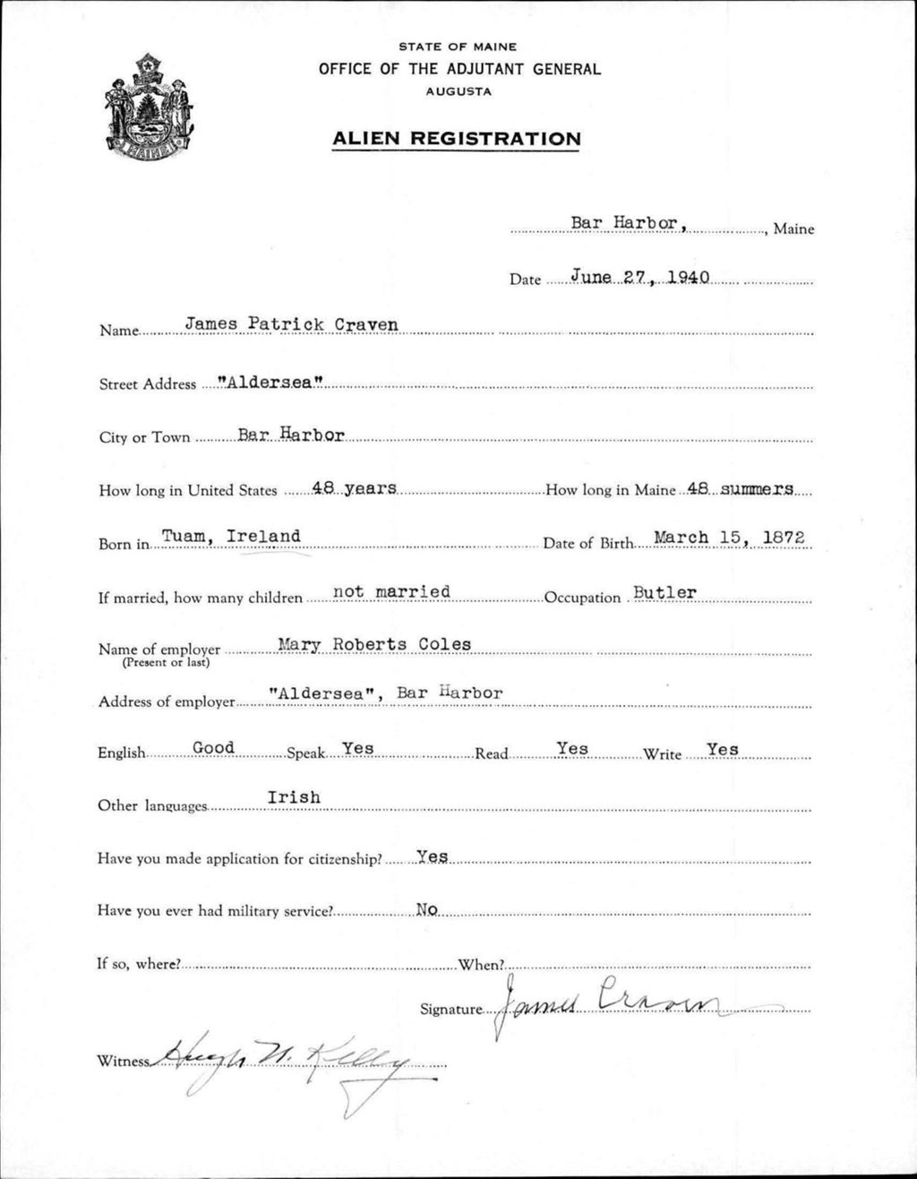 Miniature of Alien Registration- Craven, James P. (Bar Harbor, Hancock County)