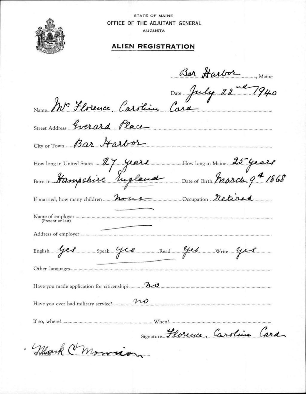 Miniature of Alien Registration- Card, Florence C. (Bar Harbor, Hancock County)