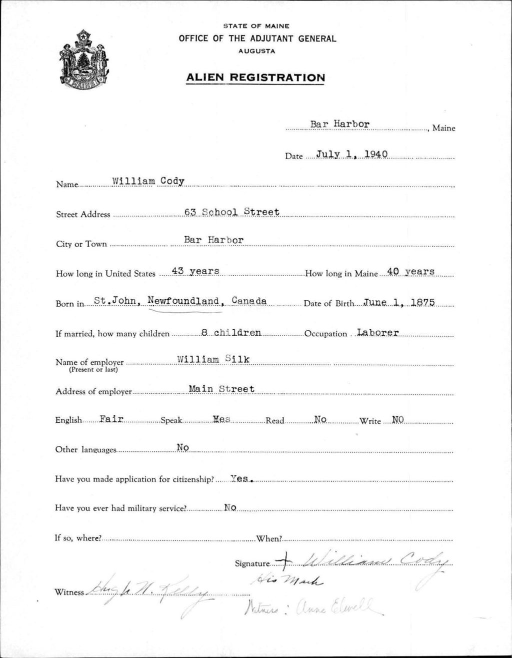 Miniature of Alien Registration- Cody, William (Bar Harbor, Hancock County)
