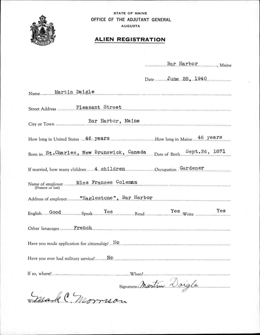 Miniature of Alien Registration- Daigle, Martin (Bar Harbor, Hancock County)