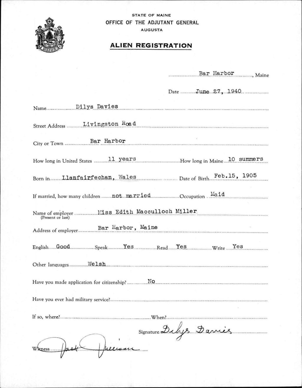 Miniature of Alien Registration- Davies, Dilys (Bar Harbor, Hancock County)