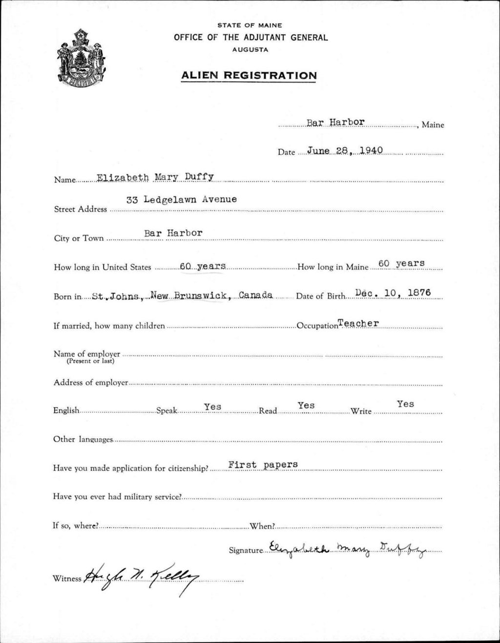 Miniature of Alien Registration- Duffy, Elizabeth M. (Bar Harbor, Hancock County)
