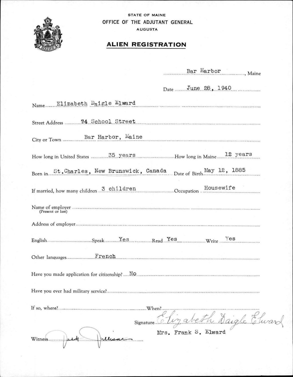 Miniature of Alien Registration- Daigle, Elizabeth (Bar Harbor, Hancock County)