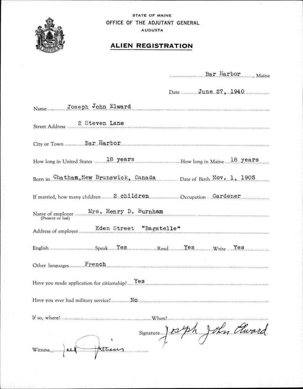 Miniature of Alien Registration- Elward, Joseph J. (Bar Harbor, Hancock County)