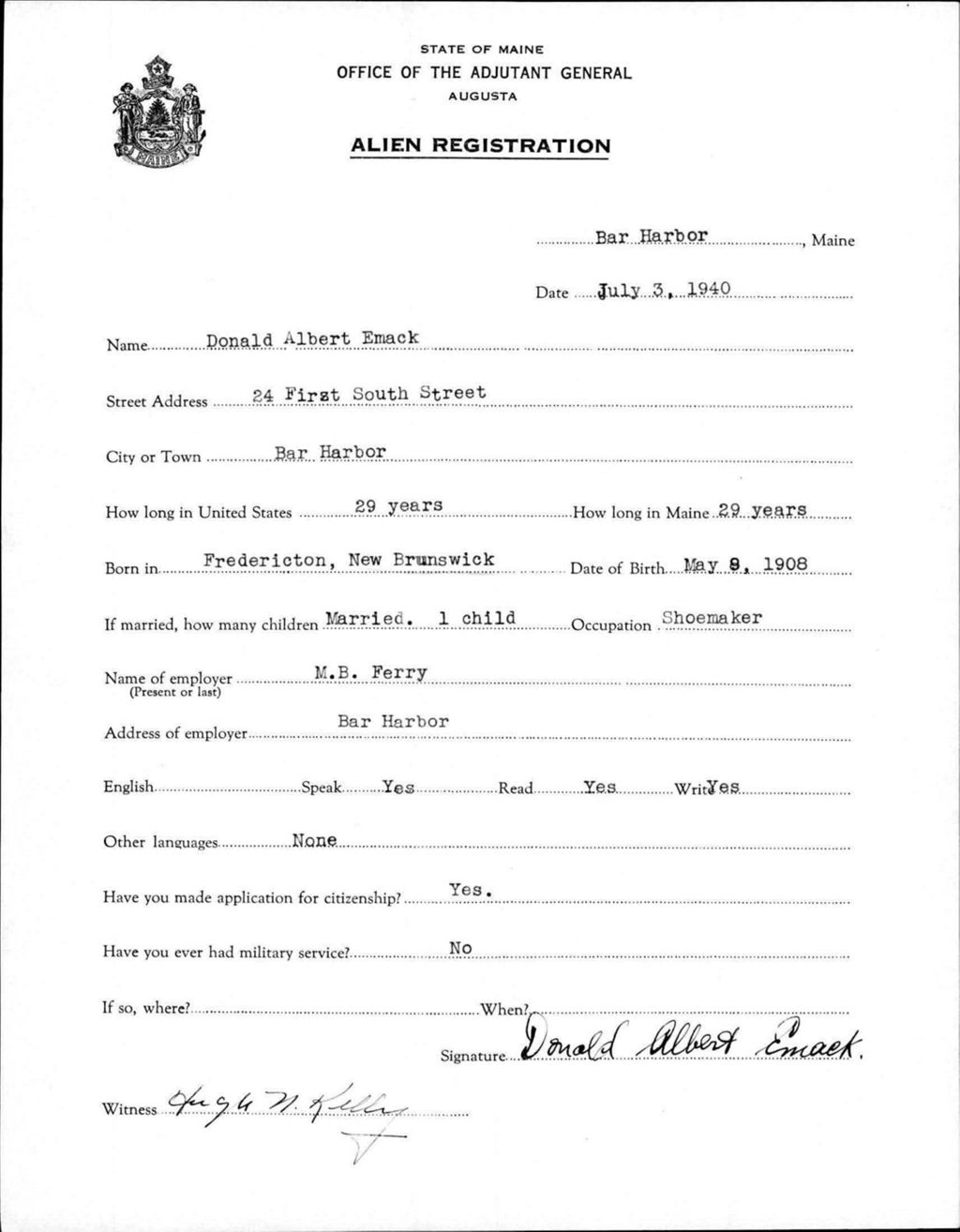 Miniature of Alien Registration- Emack, Donald A. (Bar Harbor, Hancock County)