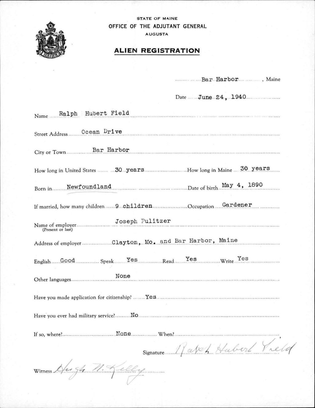 Miniature of Alien Registration- Field, Ralph H. (Bar Harbor, Hancock County)
