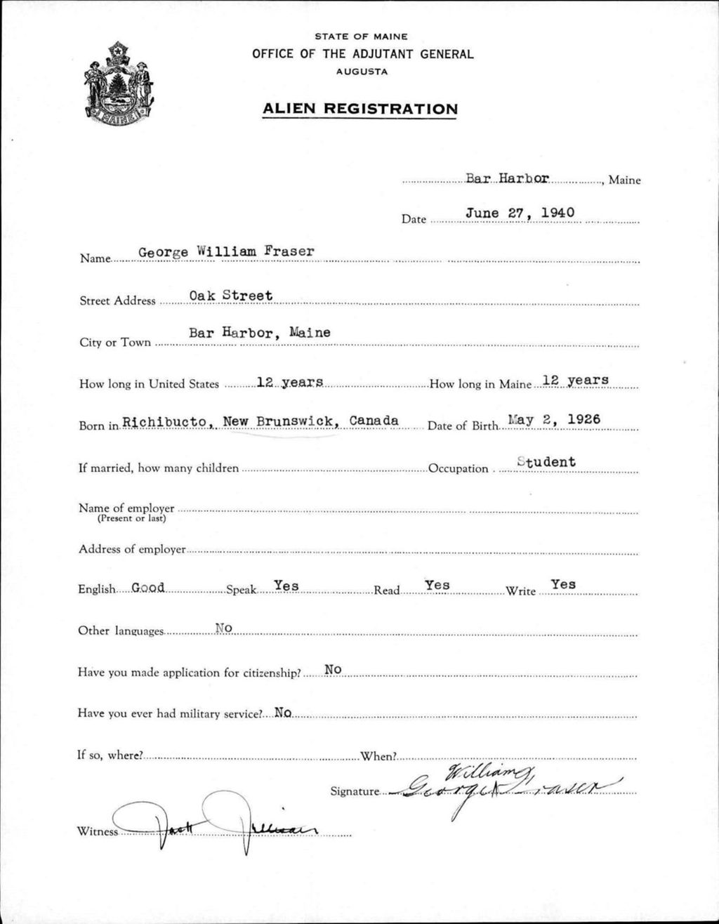 Miniature of Alien Registration- Fraser, George W. (Bar Harbor, Hancock County)