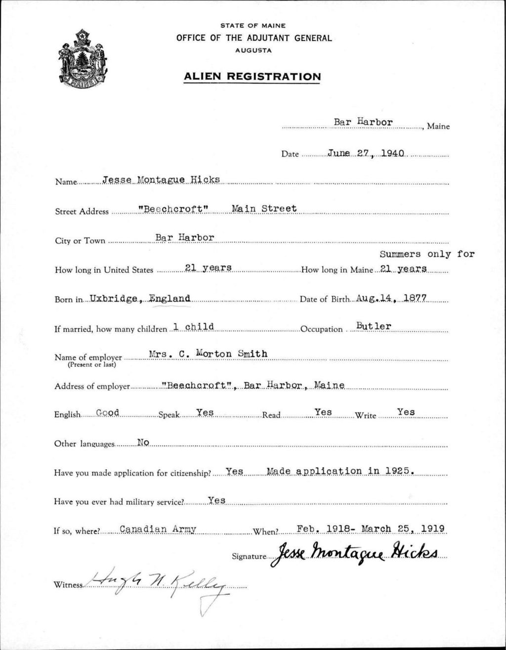 Miniature of Alien Registration- Hicks, Jesse M. (Bar Harbor, Hancock County)