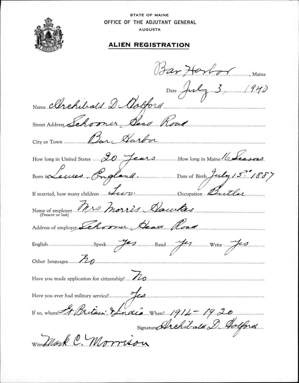 Miniature of Alien Registration- Holford, Archibald D. (Bar Harbor, Hancock County)