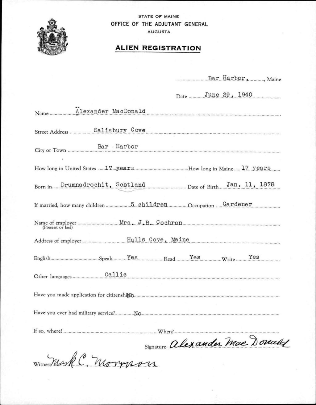 Miniature of Alien Registration- Macdonald, Alexander (Bar Harbor, Hancock County)