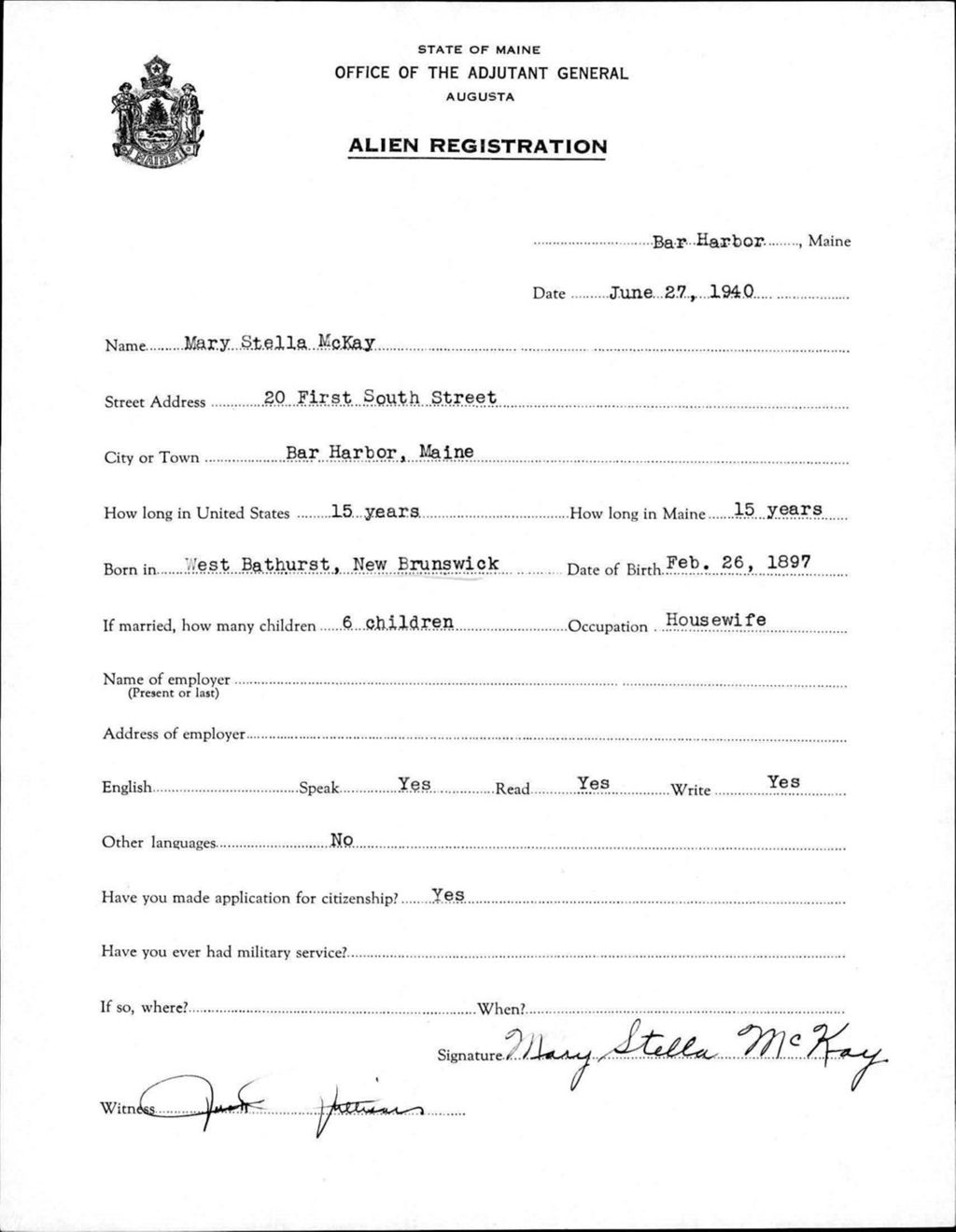 Miniature of Alien Registration- Mckay, Mary S. (Bar Harbor, Hancock County)