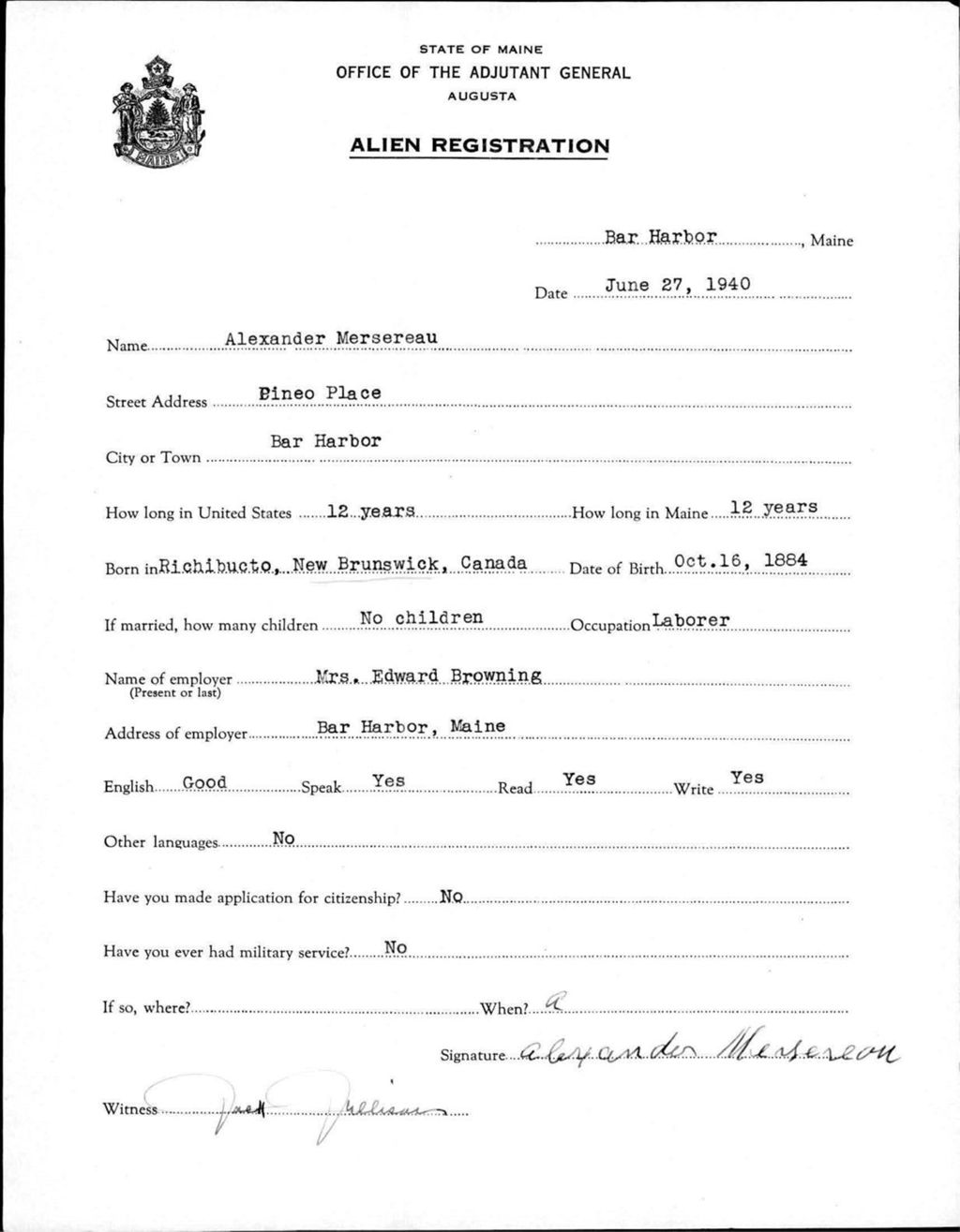 Miniature of Alien Registration- Mersereau, Alexander (Bar Harbor, Hancock County)