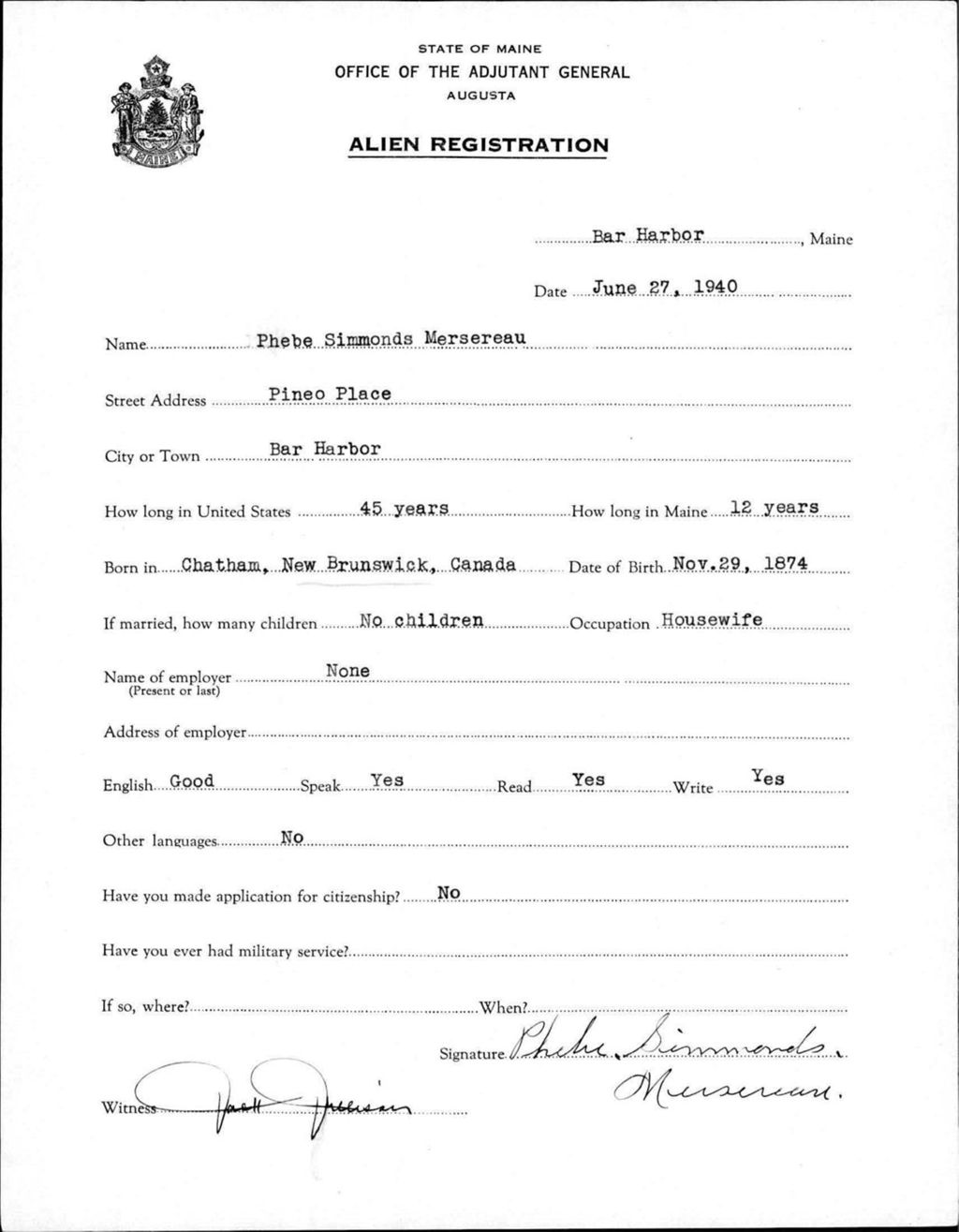 Miniature of Alien Registration- Simmonds, Phebe (Bar Harbor, Hancock County)