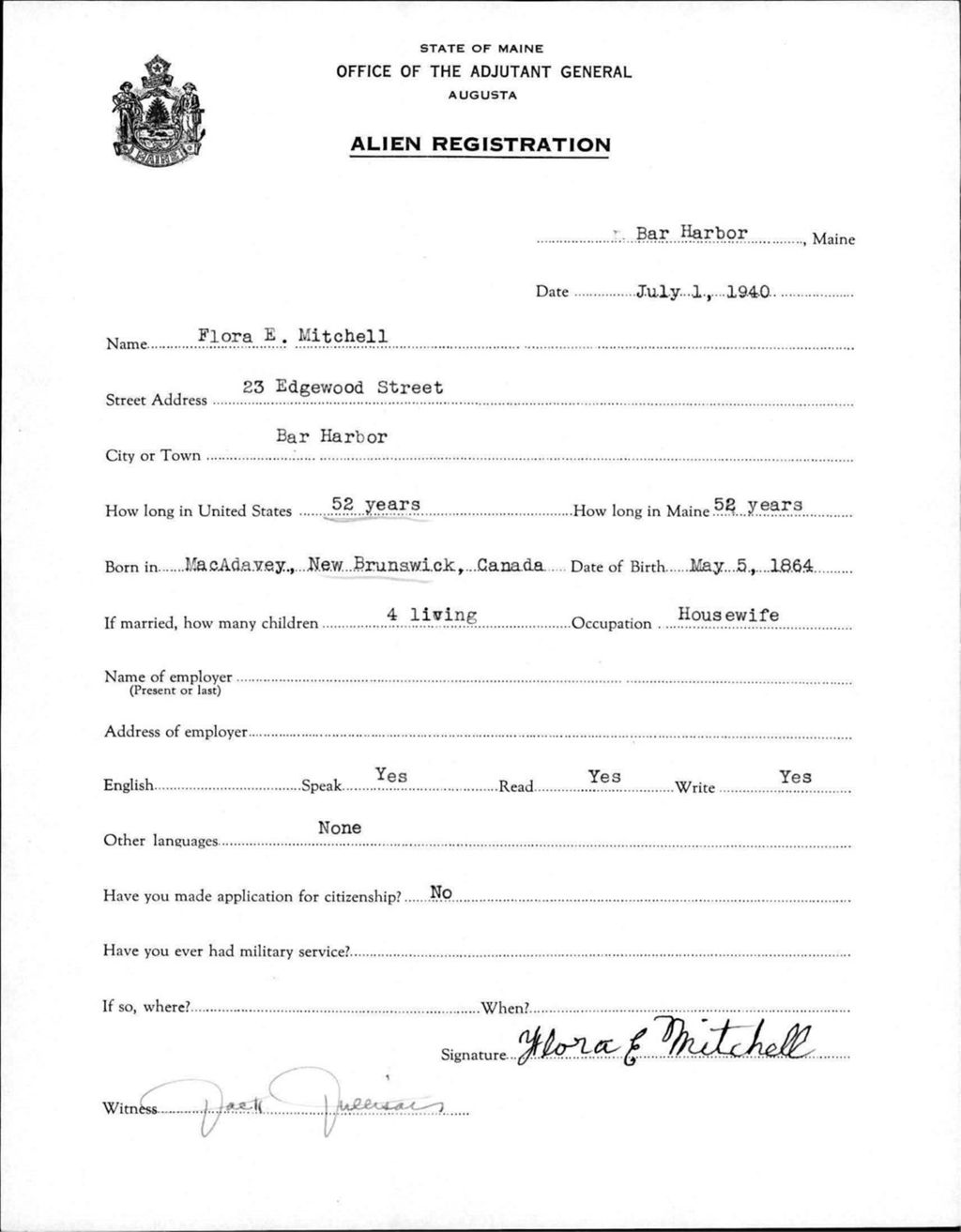 Miniature of Alien Registration- Mitchell, Flora E. (Bar Harbor, Hancock County)