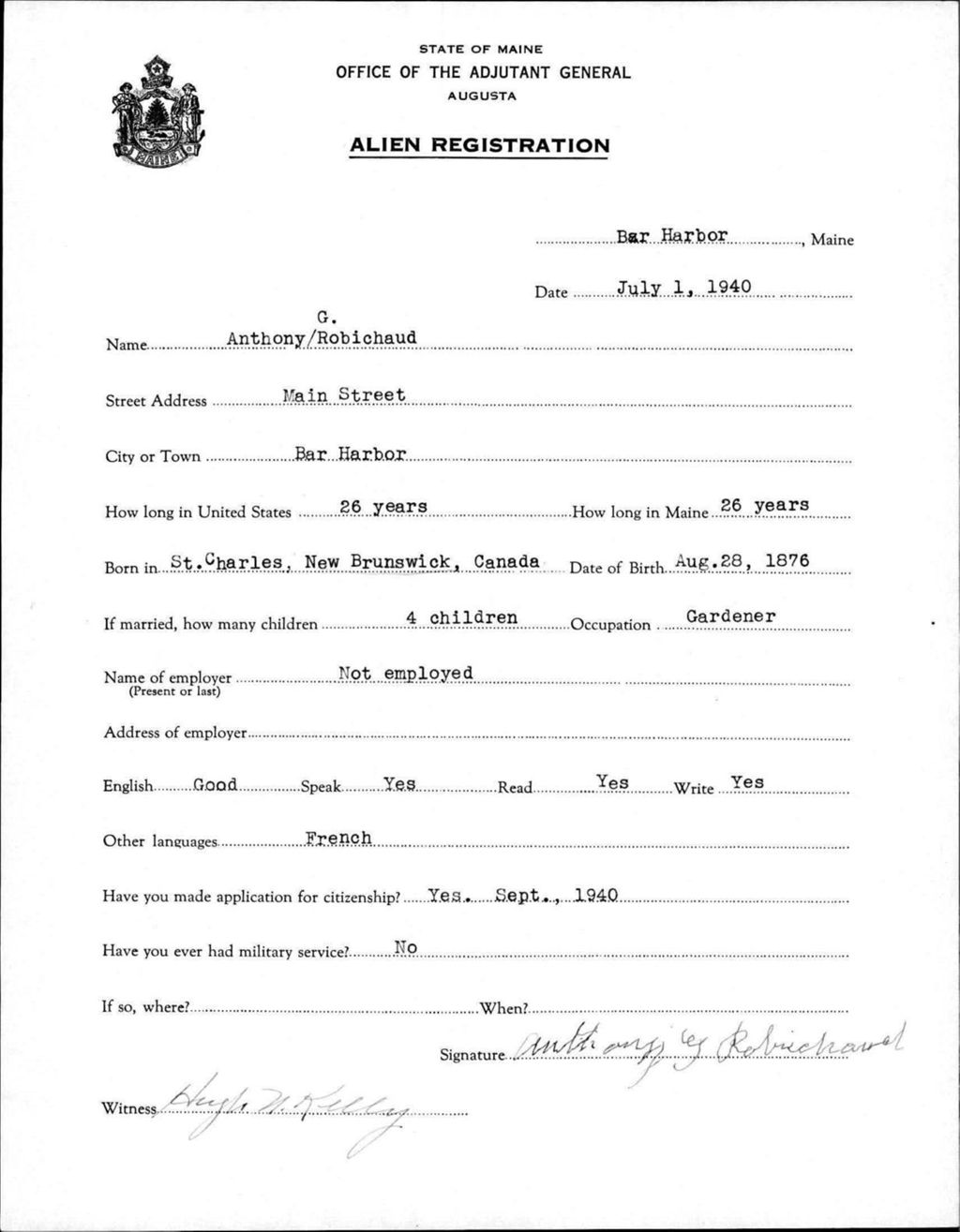Miniature of Alien Registration- Robichaud, Anthony G. (Bar Harbor, Hancock County)