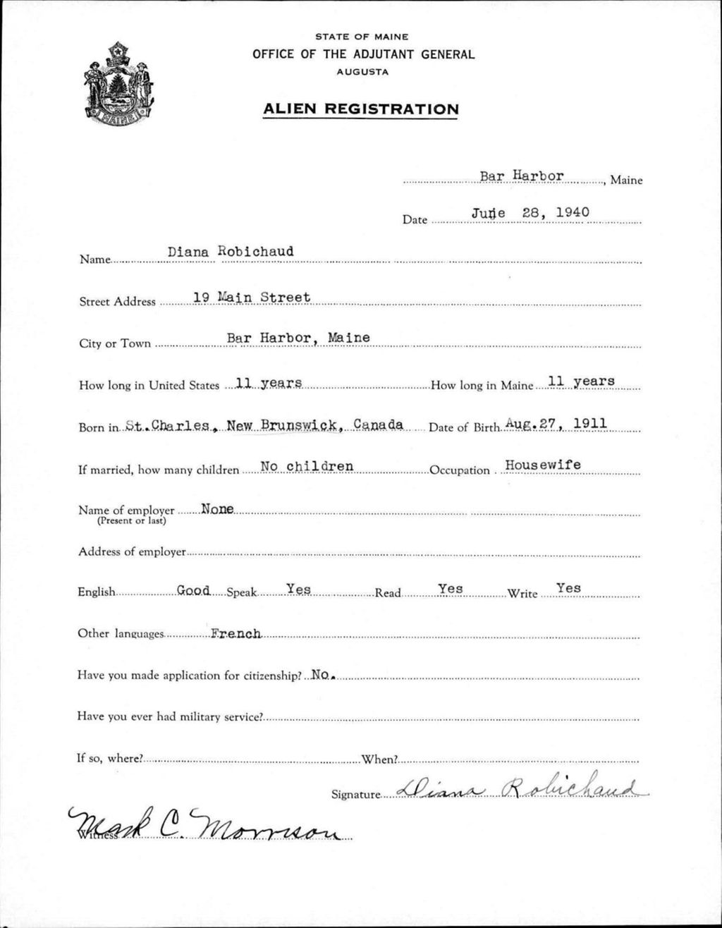 Miniature of Alien Registration- Robichaud, Diana (Bar Harbor, Hancock County)