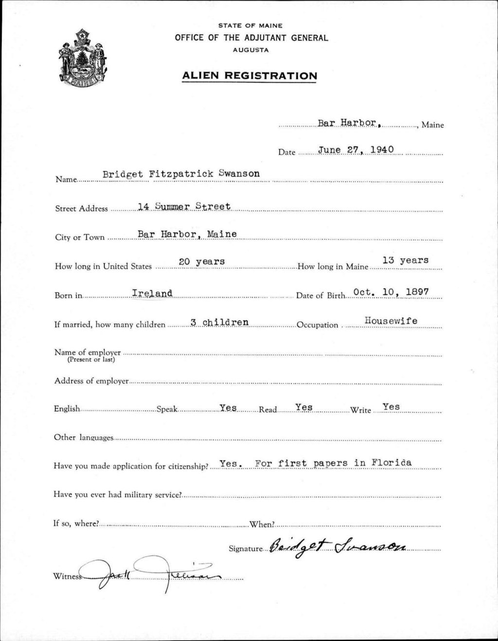 Miniature of Alien Registration- Fitzpatrick, Bridget (Bar Harbor, Hancock County)