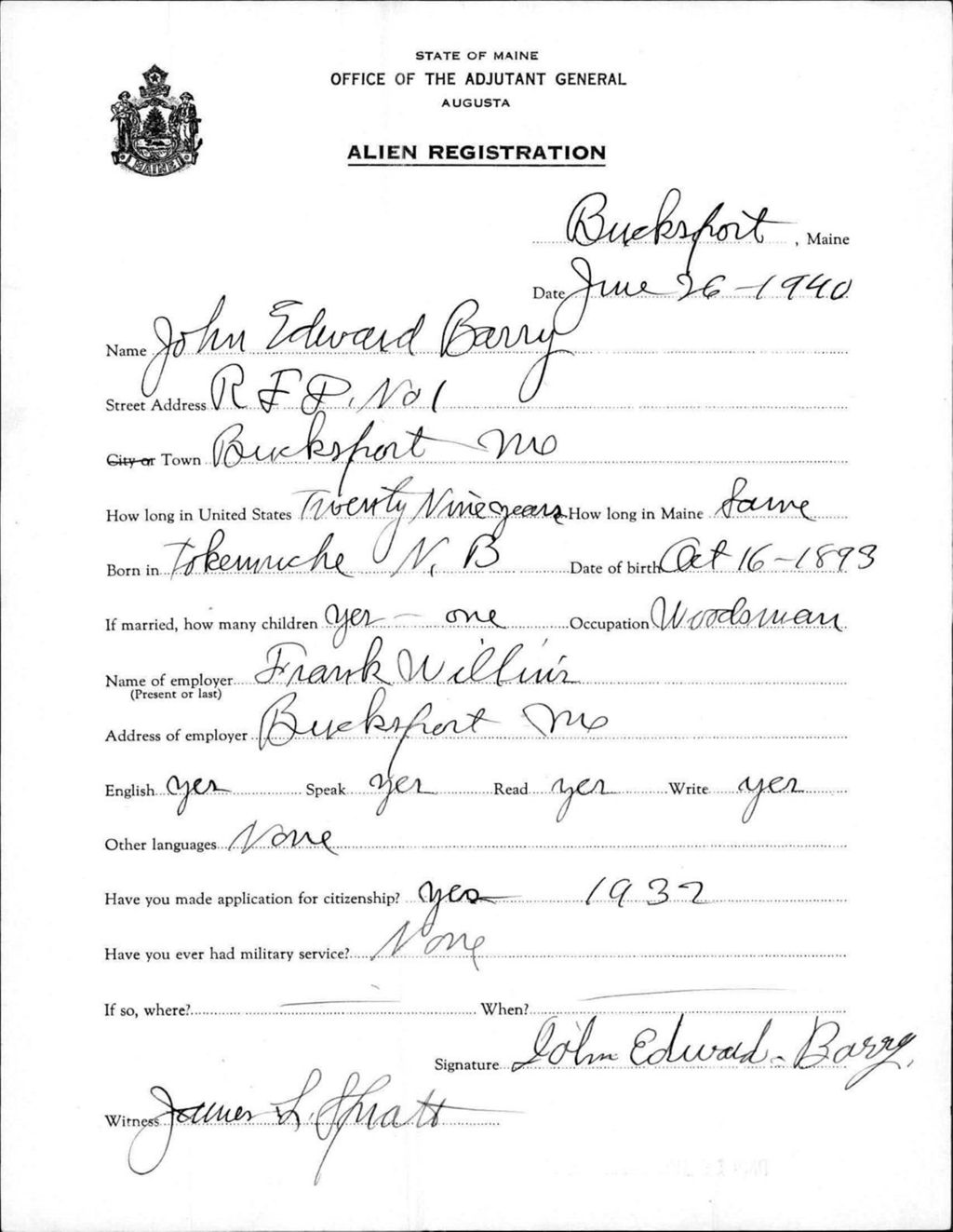 Miniature of Alien Registration- Barry, John E. (Bucksport, Hancock County)