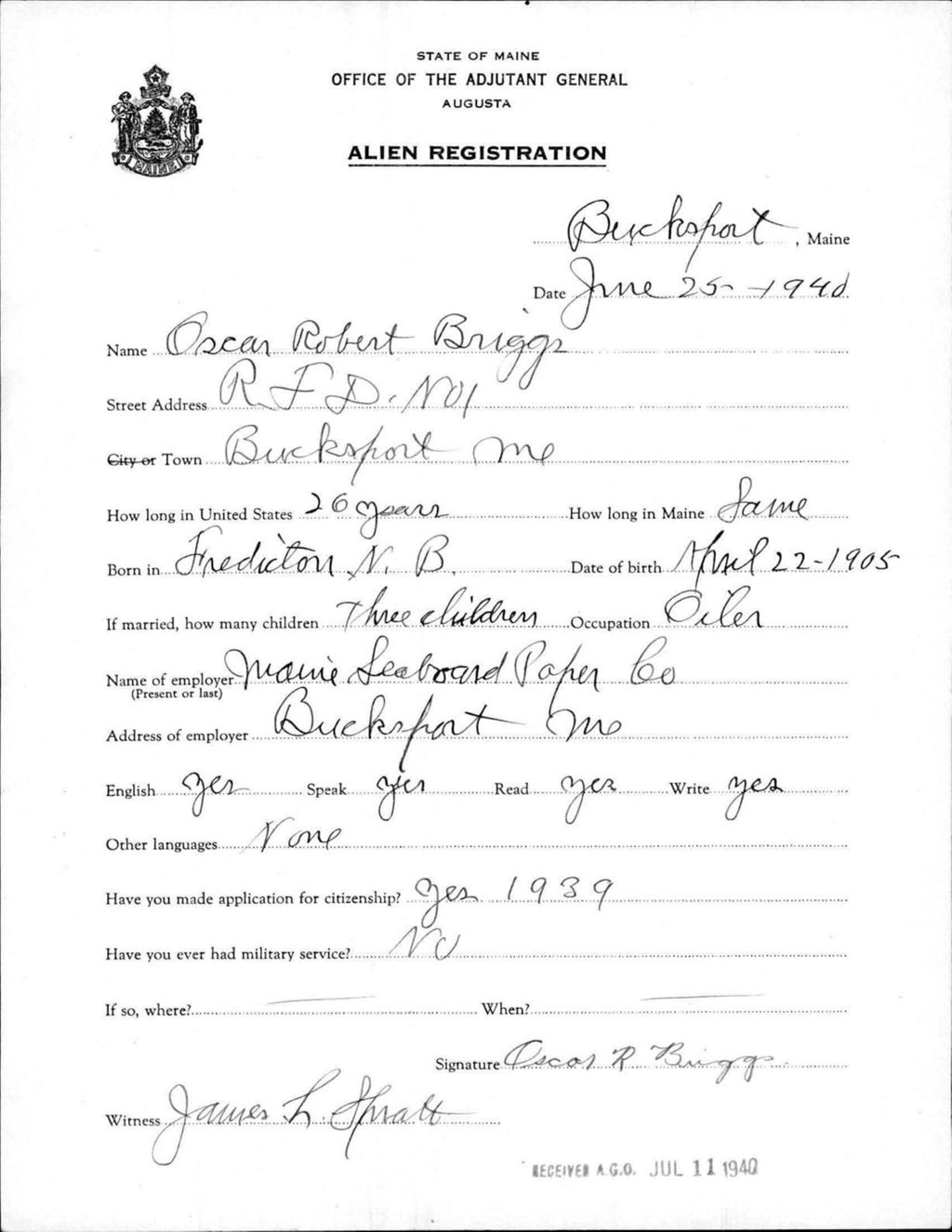Miniature of Alien Registration- Briggs, Oscar R. (Bucksport, Hancock County)