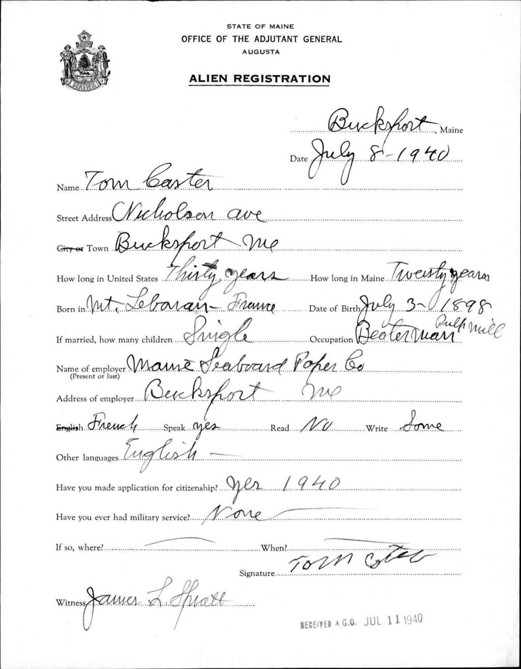 Miniature of Alien Registration- Carter, Tom (Bucksport, Hancock County)