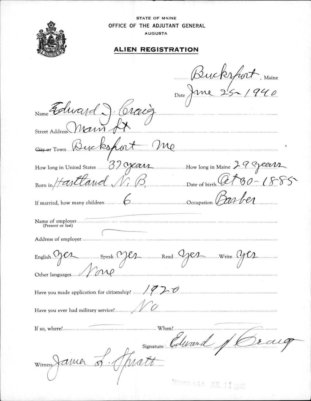 Miniature of Alien Registration- Craig, Edward J. (Bucksport, Hancock County)