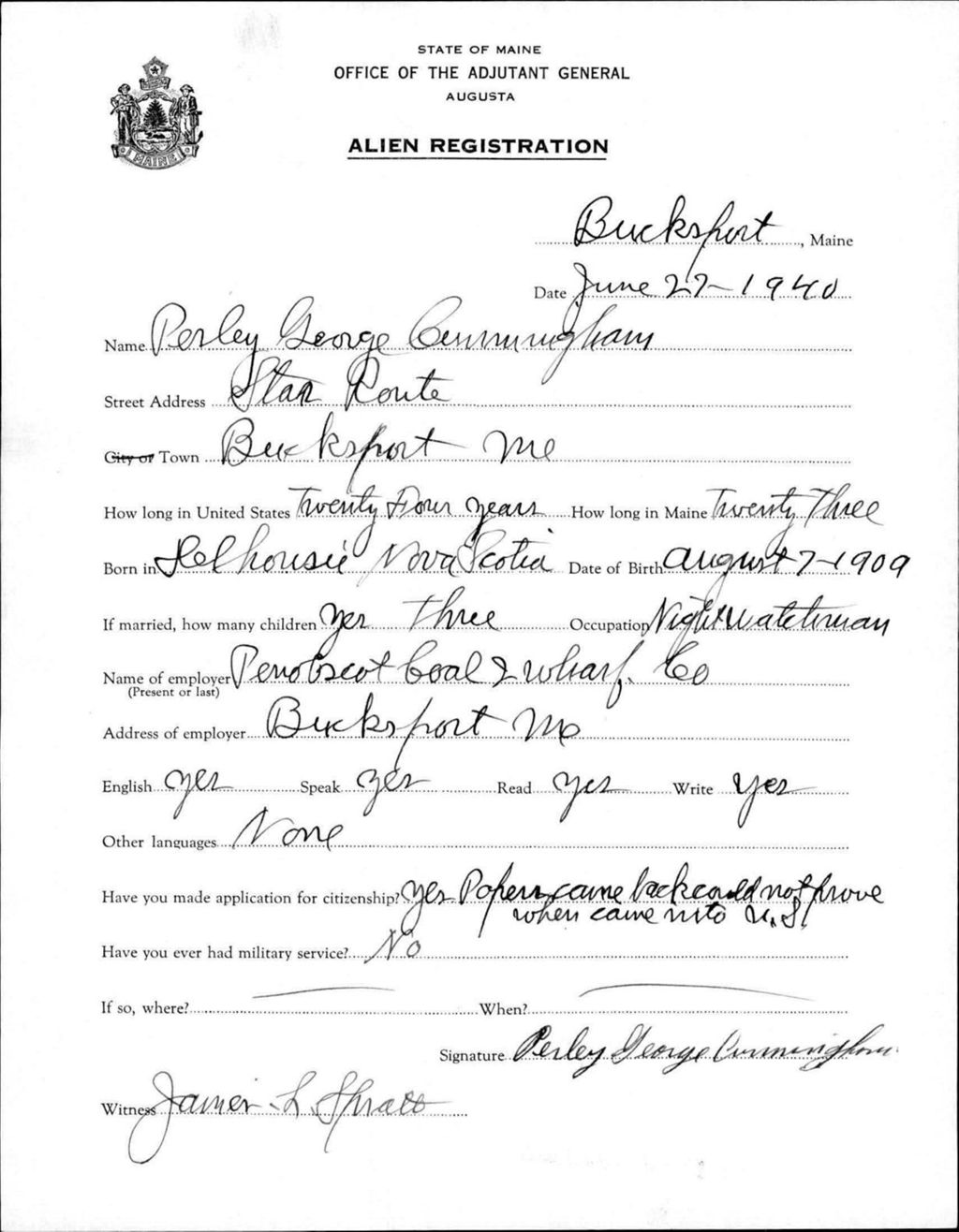 Miniature of Alien Registration- Cunningham, Perley G. (Bucksport, Hancock County)