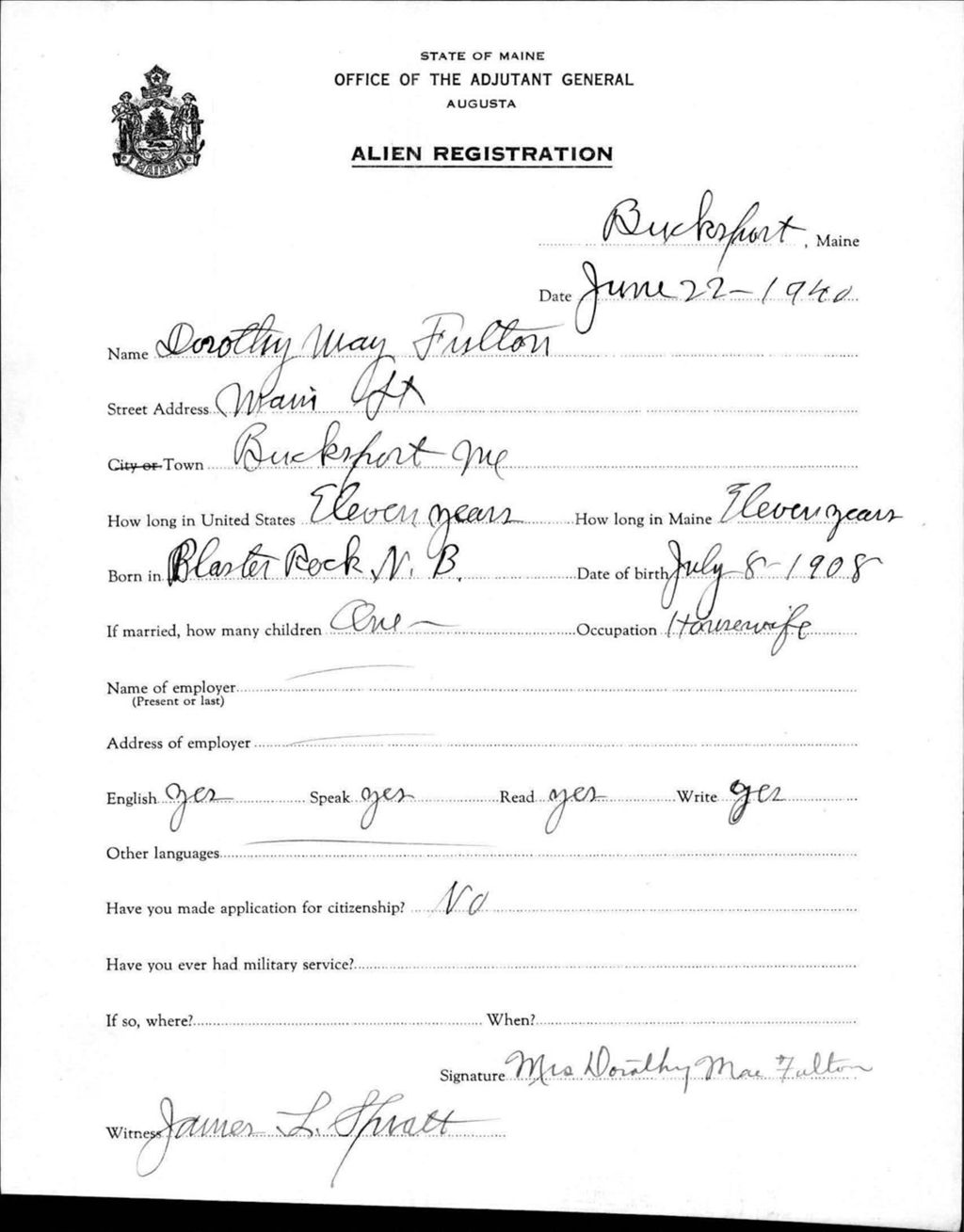 Miniature of Alien Registration- Fulton, Dorothy M. (Bucksport, Hancock County)