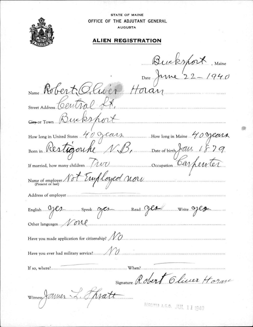 Miniature of Alien Registration- Horan, Robert O. (Bucksport, Hancock County)