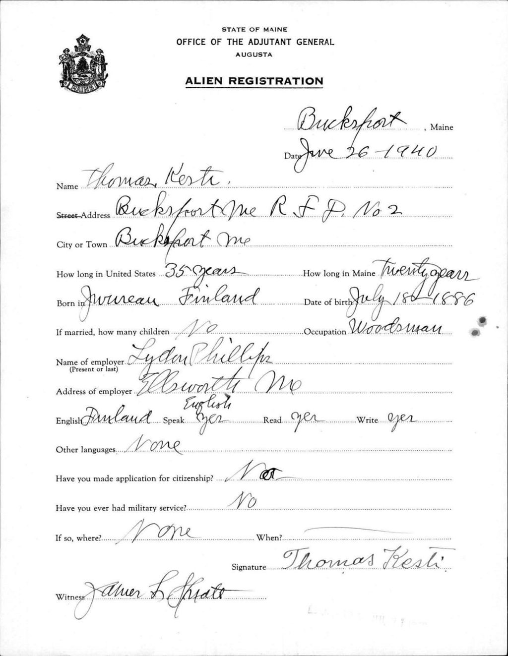Miniature of Alien Registration- Kesti, Thomas (Bucksport, Hancock County)