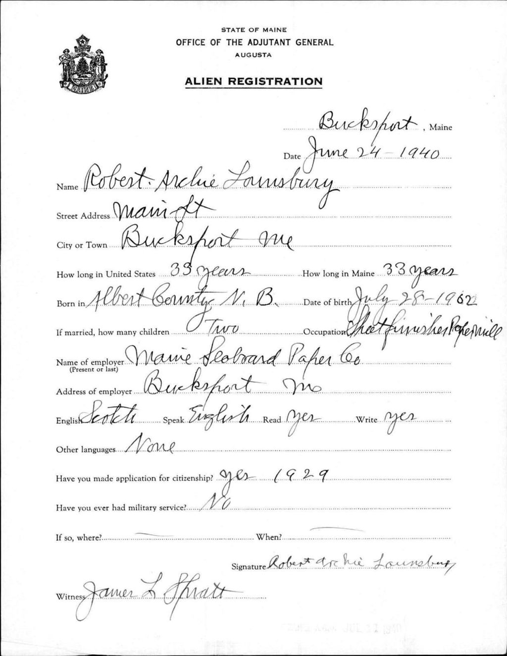 Miniature of Alien Registration- Louisbury, Robert A. (Bucksport, Hancock County)
