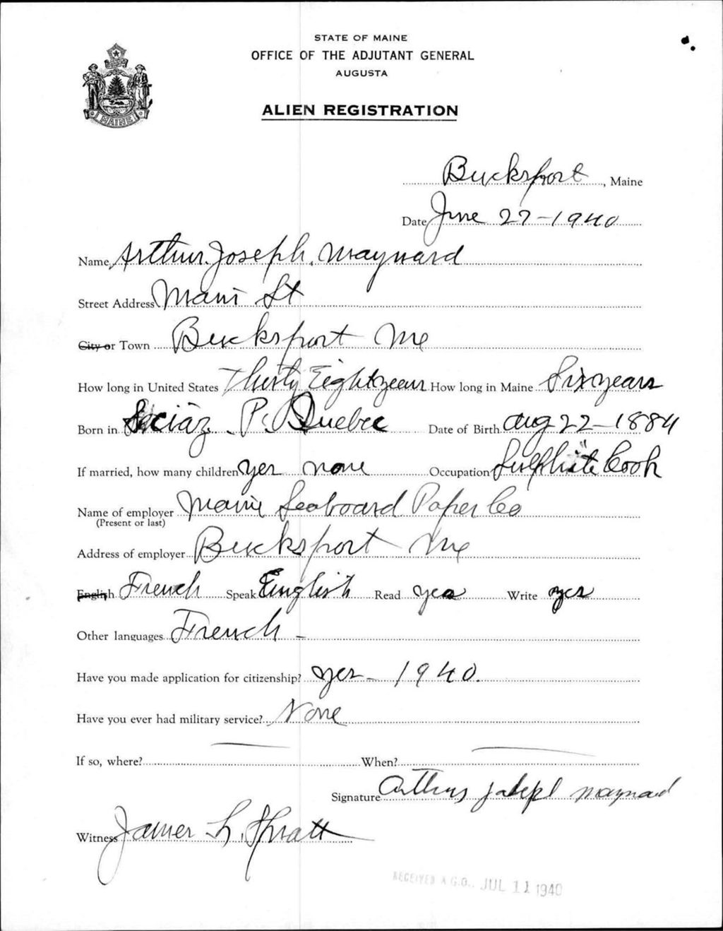 Miniature of Alien Registration- Maynard, Arthur J. (Bucksport, Hancock County)