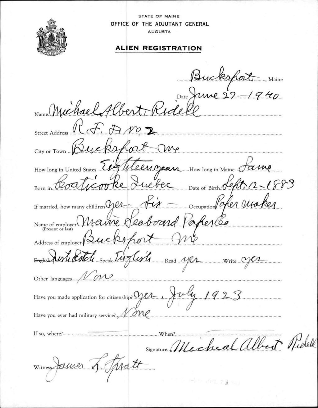 Miniature of Alien Registration- Ridell, Michael A. (Bucksport, Hancock County)