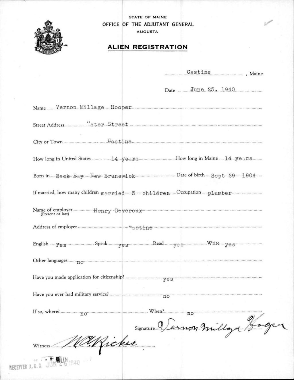 Miniature of Alien Registration- Hooper, Vernon M. (Castine, Hancock County)