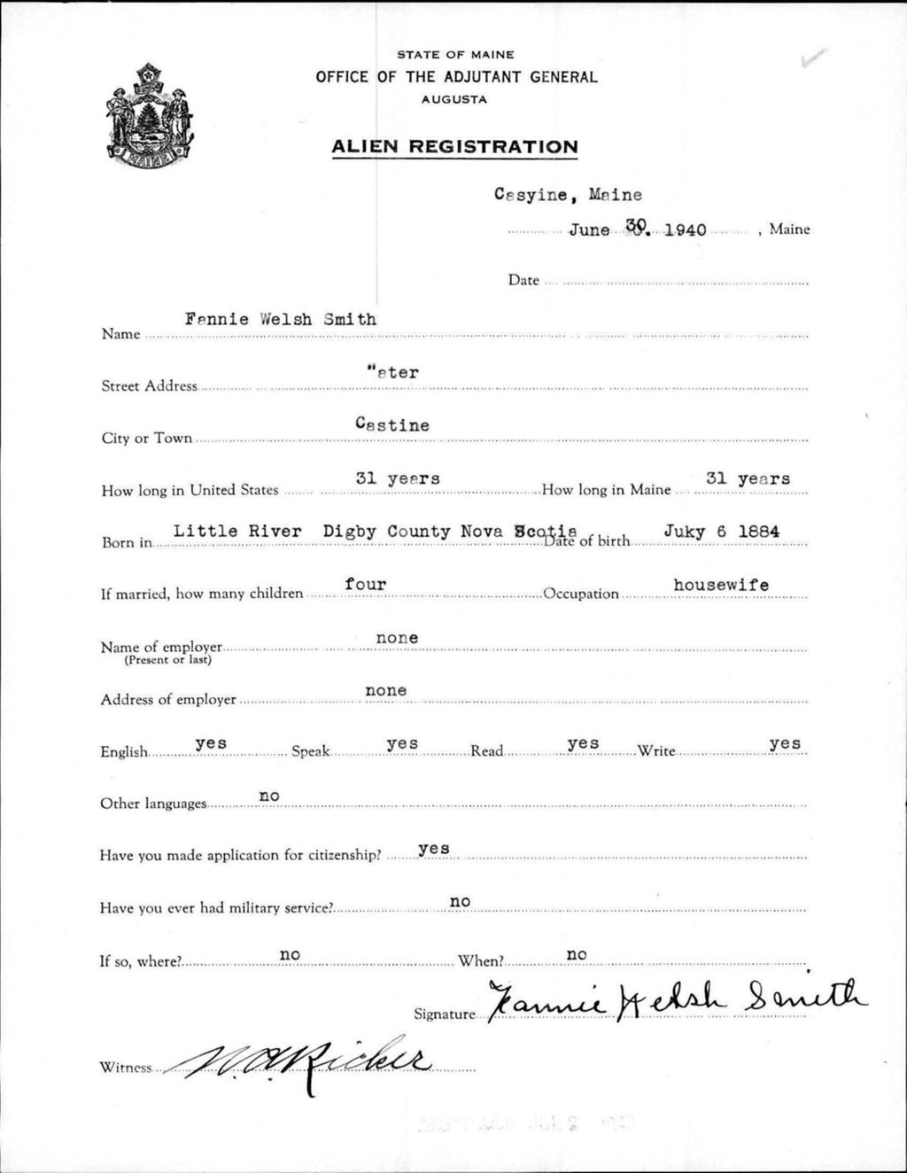 Miniature of Alien Registration- Welsh, Fannie (Castine, Hancock County)