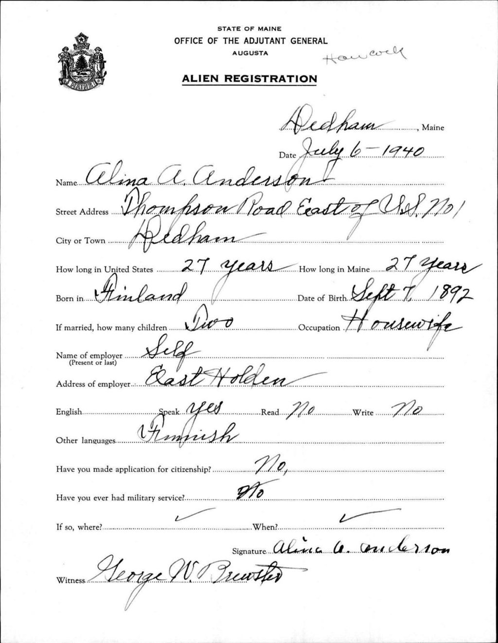 Miniature of Alien Registration- Anderson, Alina A. (Dedham, Hancock County)