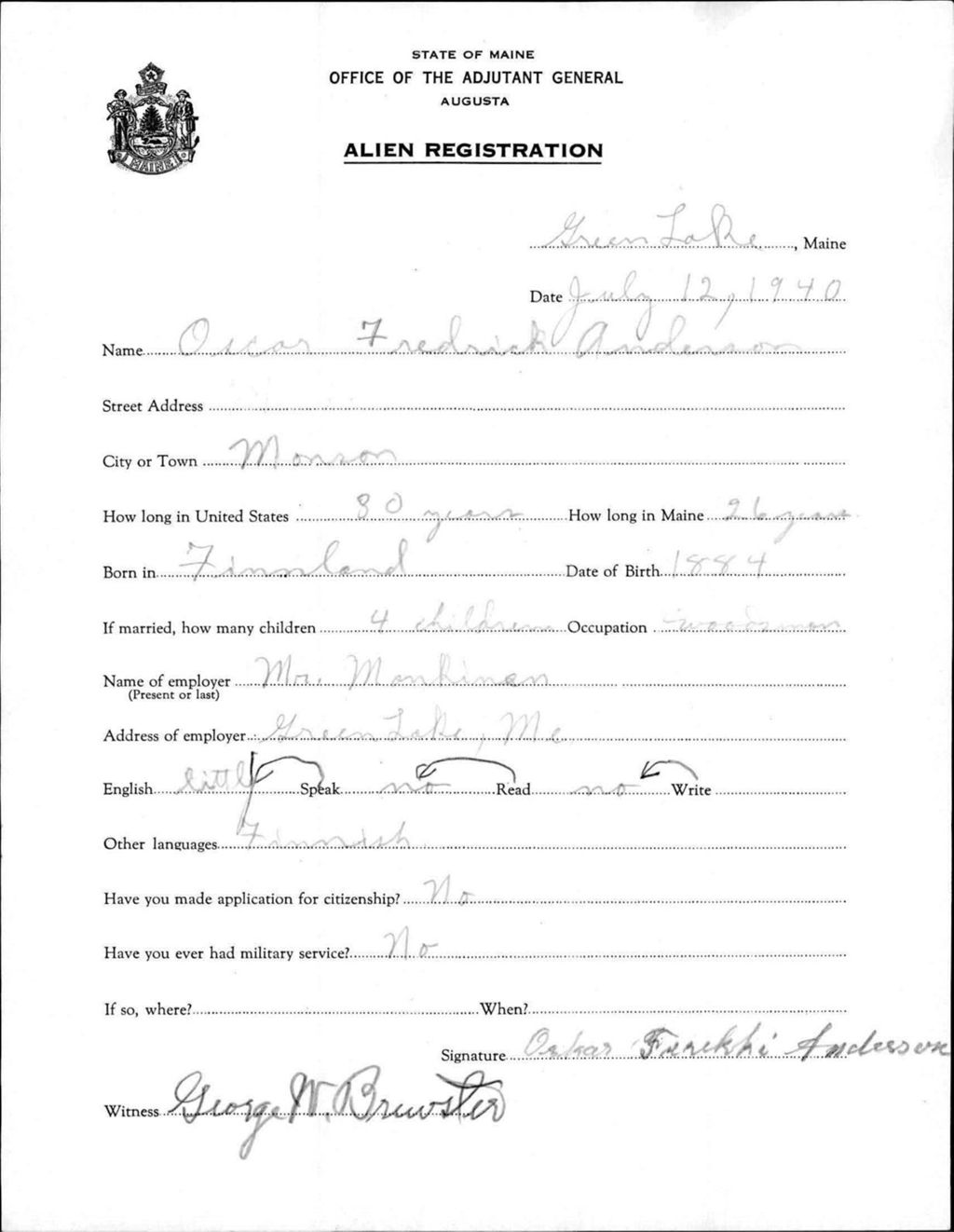 Miniature of Alien Registration- Anderson, Oscar F. (Dedham, Hancock County)