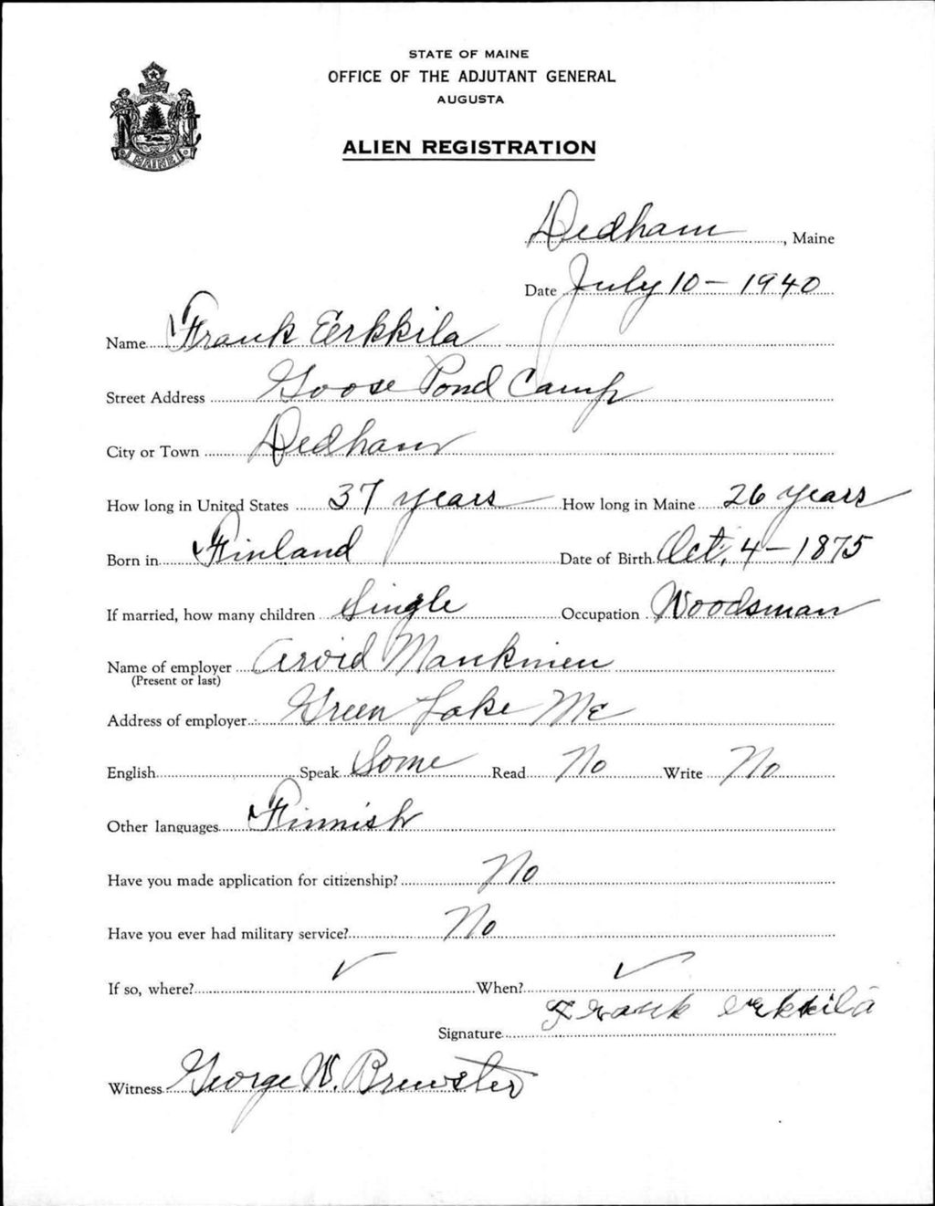 Miniature of Alien Registration- Erkkila, Frank (Dedham, Hancock County)