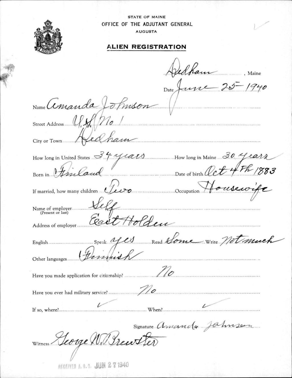 Miniature of Alien Registration- Johnson, Amanda (Dedham, Hancock County)
